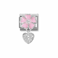 Pink Flower Silver Heart Charm