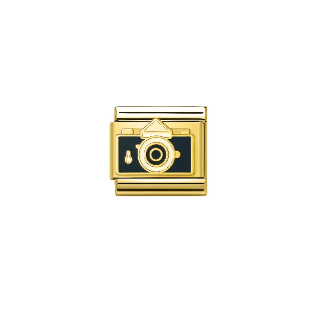 white & gold camera charm